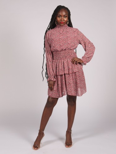 High neck pink floral dress - neck,